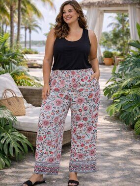 Tahari Woman Floral Wide Leg Pants Rayon Plus